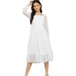 Women's White Western A-Line Midi Dress with Sheer Puff Sleeves & Smocked Bodice