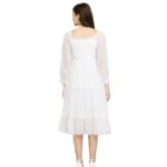 Women's White Western A-Line Midi Dress with Sheer Puff Sleeves & Smocked Bodice - Image 3