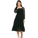 Women’s Black Western A-Line Midi Dress with Sheer Puff Sleeves & Smocked Bodice